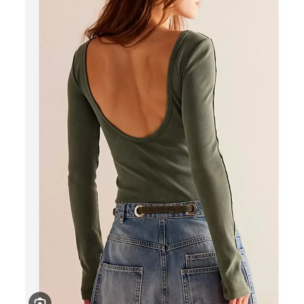 NEW Free People Unapologetic Long Sleeve Ribbed Tee Green Scoop Back S top
